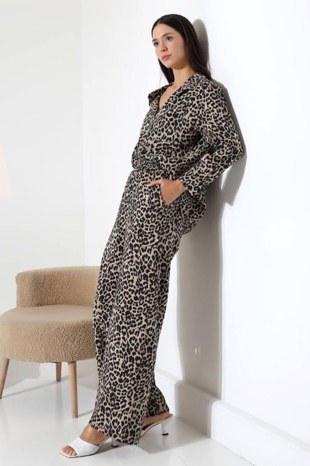 Leopar Beli Lastikli Gömlekli Takım