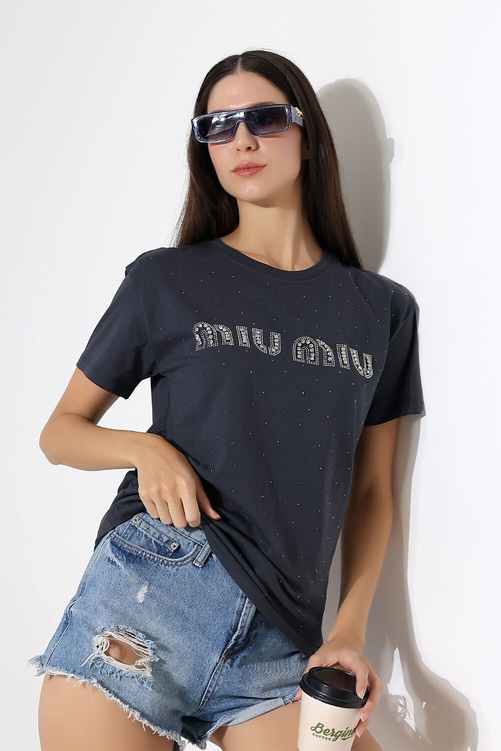 Miumiu Nakışlı Taşlı Oversize Tshirt