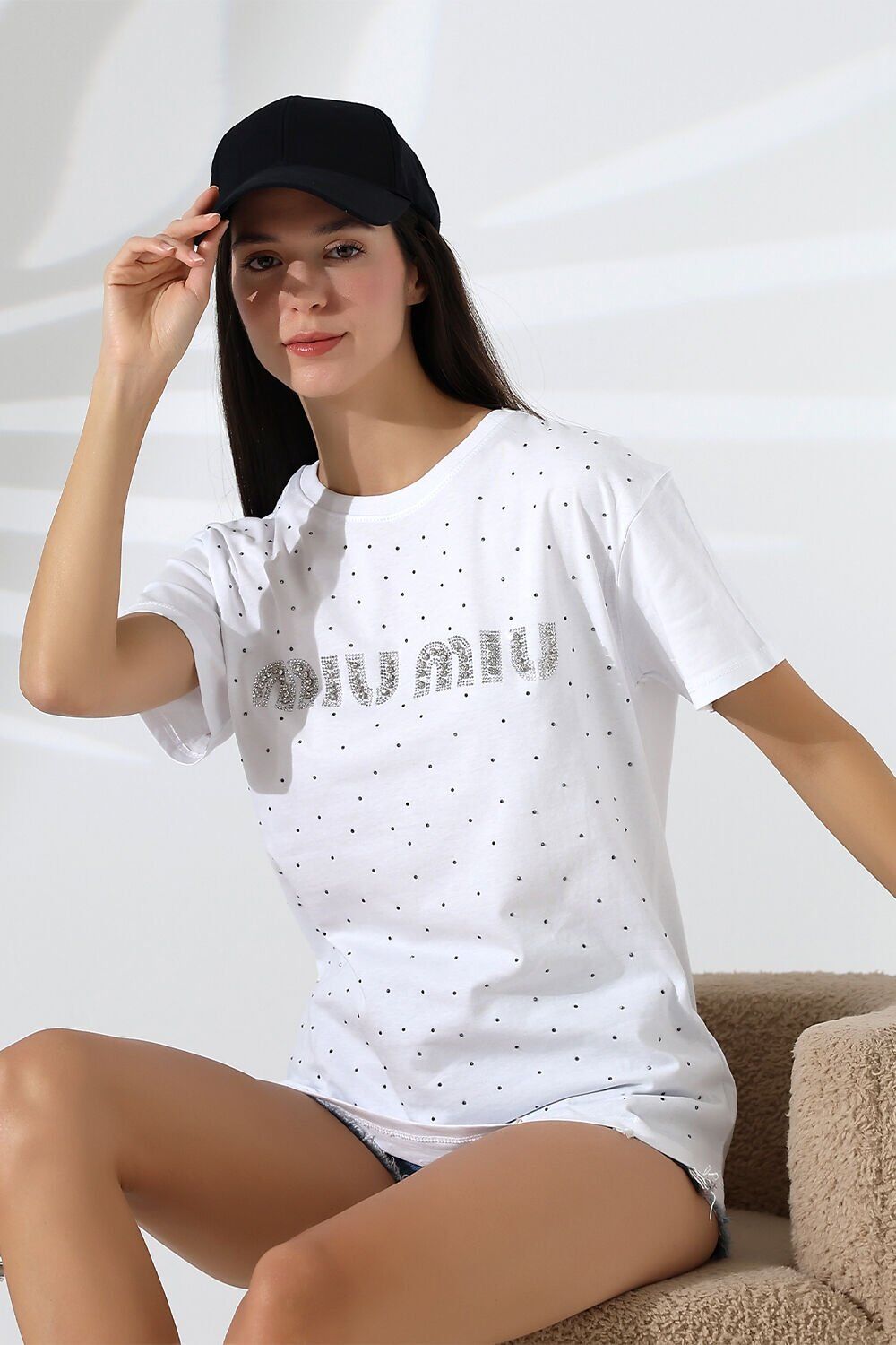 Miumiu Nakışlı Taşlı Oversize Tshirt