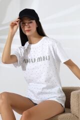 Miumiu Nakışlı Taşlı Oversize Tshirt