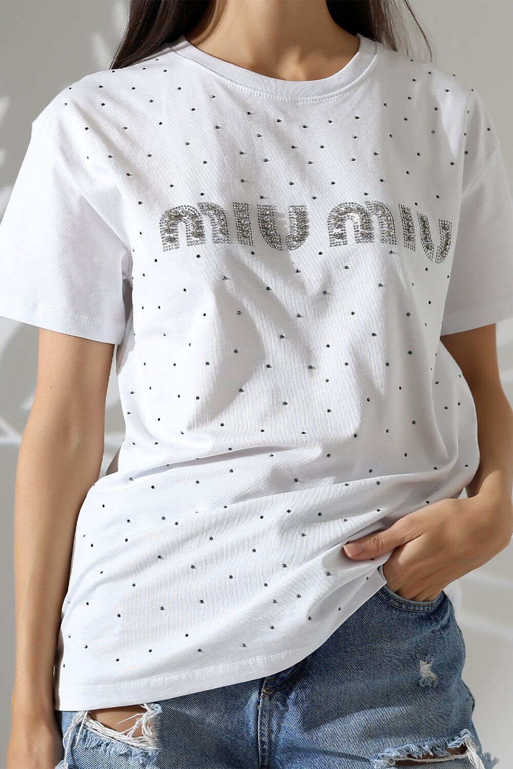 Miumiu Nakışlı Taşlı Oversize Tshirt