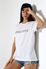 Miumiu Nakışlı Taşlı Oversize Tshirt