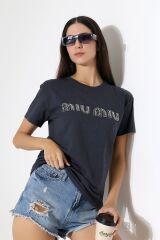 Miumiu Nakışlı Taşlı Oversize Tshirt