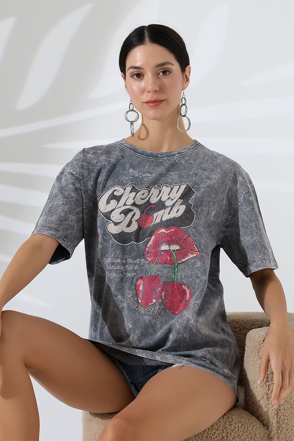Yıkamalı Taşlı Oversize Tshirt